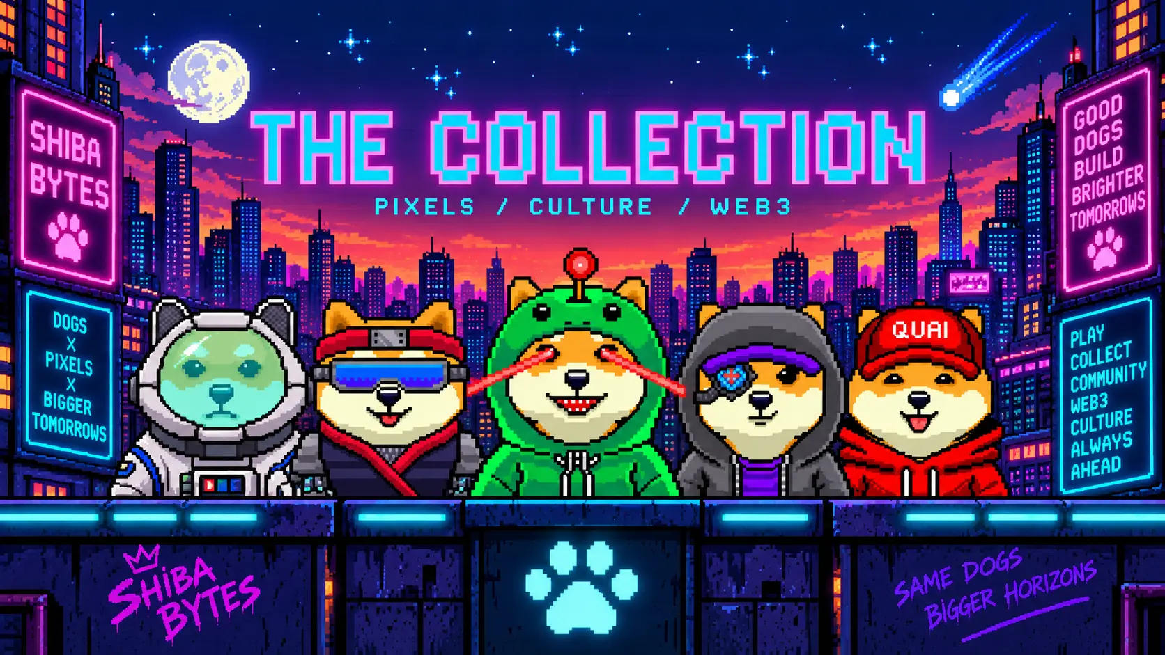 A lineup of common Shiba Bytes characters in streetwear, cyber and hoodie outfits