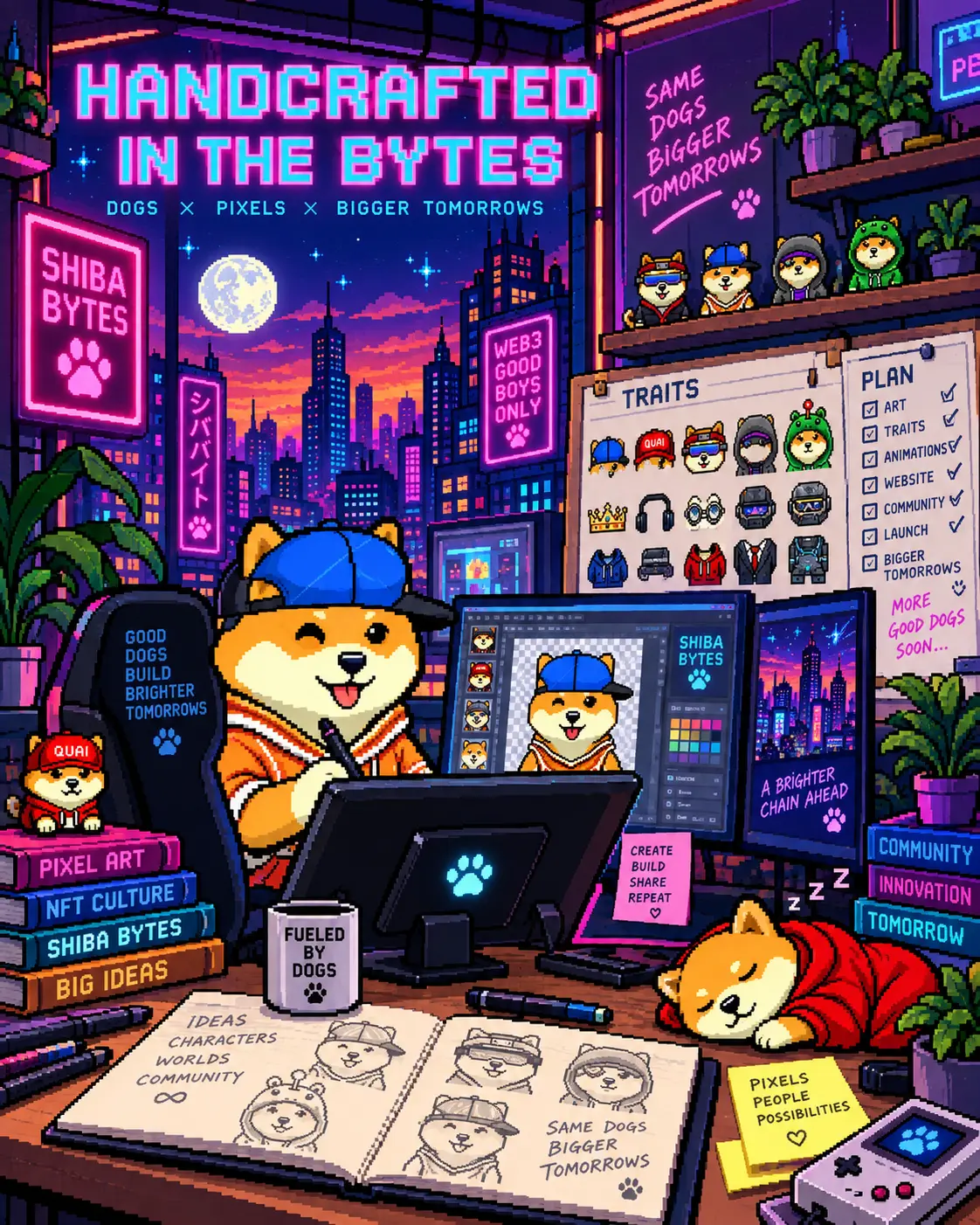 A Shiba artist drawing pixel characters in a neon studio