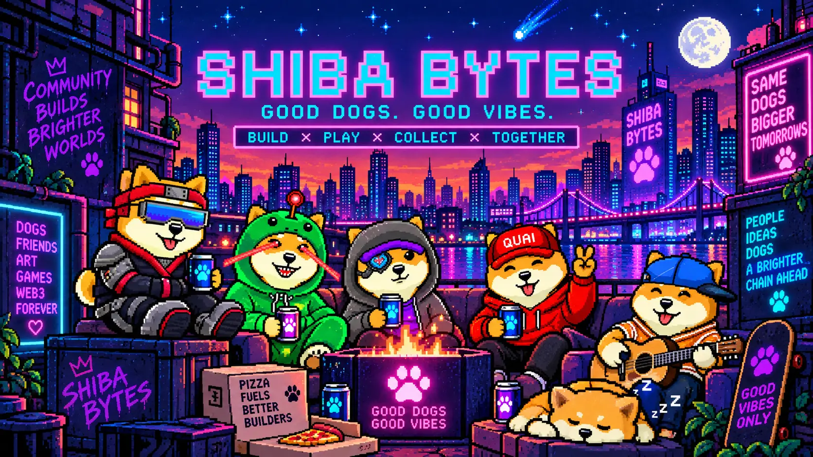 Shiba Bytes characters hanging out on a neon rooftop